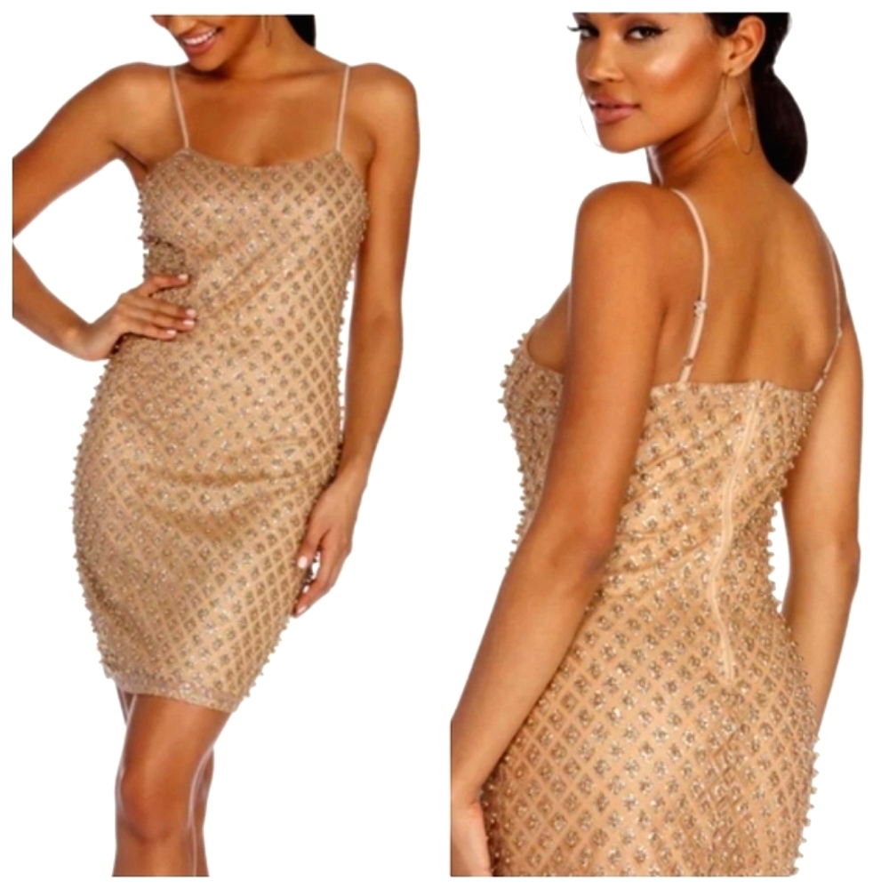 Windsor Gold Strappy Nwt Pearls/Glitter Mesh Cocktail Dress